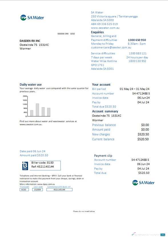 Download Netherlands SA water business utility bill Word and PDF template Photoshop template
